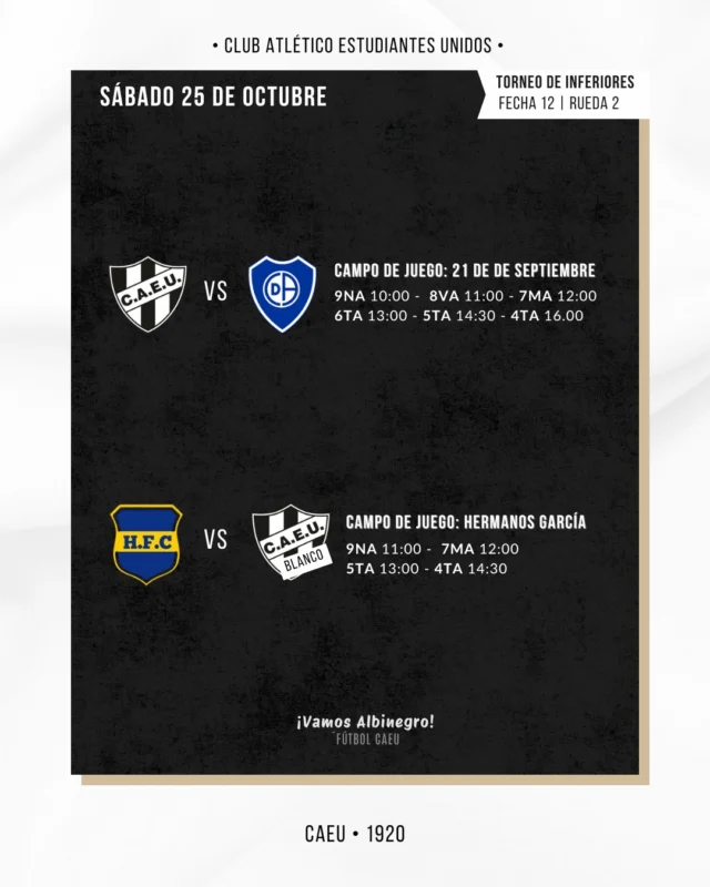 📅⚽ Nueva fecha para nuestras formativas
En el 21 de Septiembre, Estudiantes Unidos recibirá a Deportivo. Previo a la tira oficial jugará la Pre 9na.
En Carlos Tejedor, Estudiantes Blanco visitará a Huracán en el Hermanos García.
¡Vamos Albinegro! 🖤🤍