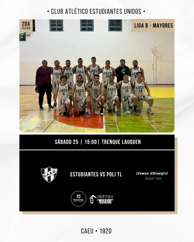 🏀 Se viene el segundo capítulo de la Liga B
Nueva presentación para nuestro equipo de Mayores, que este sábado disputará la segunda fecha de la Liga B frente a Poli Trenque Lauquen.
📍 Lugar: Escuela Técnica de Trenque Lauquen
🕒 Hora: 15:00