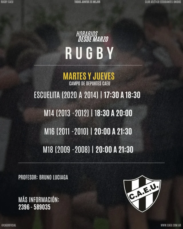 🏉📅 #RugbyCAEU | Horarios desde marzo

Correr la cancha, aprender a pasar la pelota, entender el juego y disfrutar cada práctica en el campo de deportes.

Si tenés ganas de empezar o seguir sumando minutos de juego, este es tu lugar.

Escribí para más información.

Te esperamos 🖤🤍