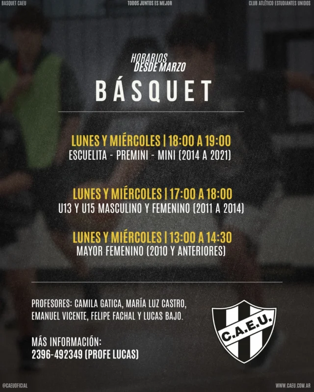 🏀📅 #BasquetCAEU | Horarios para este 2026

Entrenamientos pensados para aprender, mejorar y disfrutar del deporte en equipo 💪

Sumarse es empezar a construir hábitos, amistades y pertenencia dentro del club. Si te gusta el básquet o querés probar por primera vez, este es el momento 🙌

Consultá los horarios, comunicate con los profes y acercate a entrenar. 

¡Te esperamos! 🖤🤍