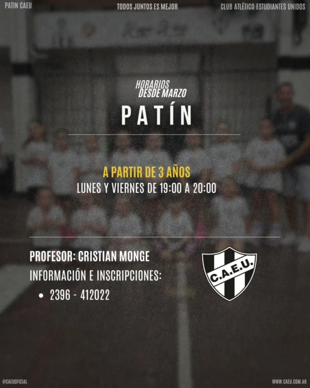 🛼#PatinCAEU | Horarios desde marzo

Desde los 3 años, un espacio para aprender, disfrutar y crecer.

🗓 Lunes y viernes
🕖 19:00 a 20:00
👤 Profesor: Cristian Monge

📲 Información e inscripciones: 2396 – 412022

Sumate a una actividad que combina disciplina, compañerismo y diversión.