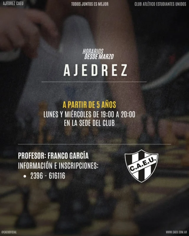 ♟ #AjedrezCAEU | Horarios desde marzo

Pensar, crear estrategias y disfrutar el juego. El ajedrez también tiene su espacio en el club.

🗓 Lunes y miércoles
🕖 19:00 a 20:00
📍 En la sede del club
👶 A partir de 5 años
👤 Profesor: Franco García

📲 Información e inscripciones: 2396 – 616116

Desarrollá concentración, paciencia y toma de decisiones jugando.