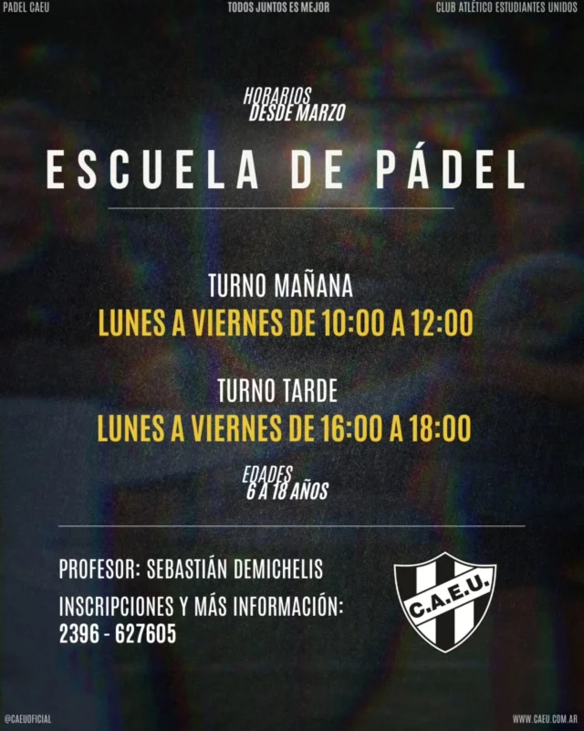 🎾 #PadelCAEU | Horarios desde marzo

La Escuela de Pádel del club abre sus puertas para una nueva temporada 💪

Entrenamientos de lunes a viernes, con turno mañana y turno tarde, para que cada chico pueda encontrar su espacio y seguir creciendo en el deporte.

🕙 Turno mañana: 10:00 a 12:00
🕓 Turno tarde: 16:00 a 18:00
👦👧 Edades: 6 a 18 años

Sumate!