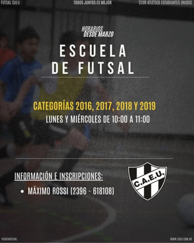⚽📅 #FutsalCAEU | Horarios desde marzo

La Escuela de Futsal vuelve al gimnasio del club con días y horarios confirmados para las categorías 2016, 2017, 2018 y 2019.

Para información e inscripciones, comunicate con el profe.