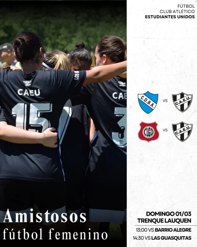 #FútbolCAEU | Empezar marzo jugando ⚽📅

El femenino jugará dos amistosos el domingo en Trenque Lauquen: contra Barrio Alegre y contra Las Guasquitas.

🖤🤍