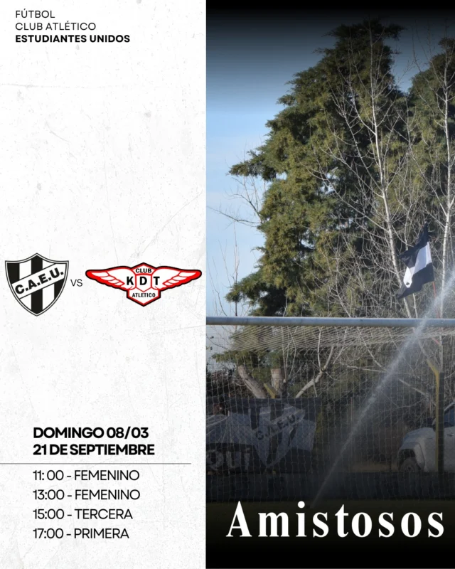 📅⚽ Domingo de pretemporada

Continúan los amistosos para el fútbol Albinegro: esta vez recibiremos a KDT en el 21 de Septiembre.

La jornada iniciará con el femenino, que disputará dos encuentros, y continuará con la tercera y primera división.

¡Nos vemos en la cancha! 🖤🤍