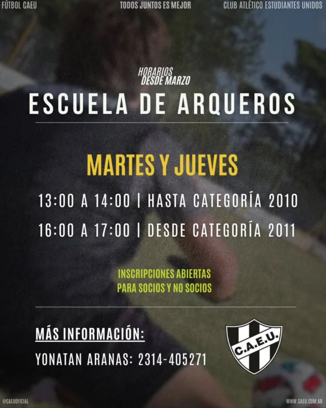 ⏰️⚽️ Horarios para sumarse a la Escuela de Arqueros 

Para más información contactarse con Yonatan Aranas 📌

¡Te esperamos en los entrenamientos! 💪
