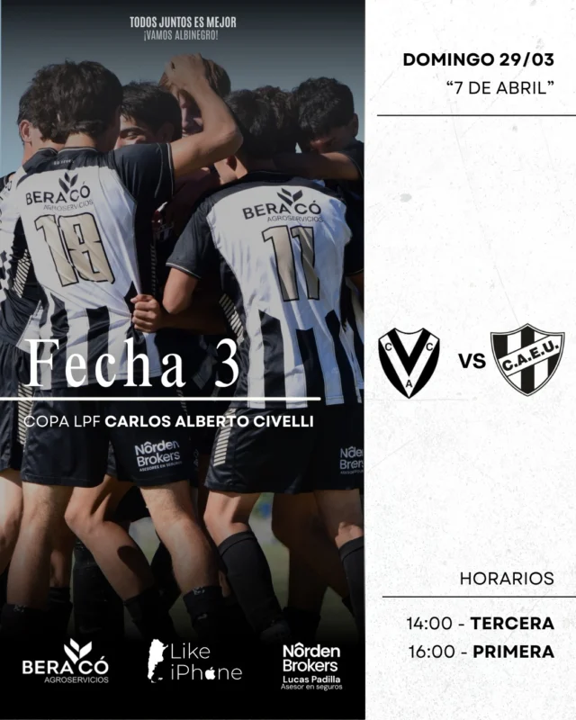 ⚽📅 DOMINGO DE FÚTBOL

Los equipos de primera y tercera división visitarán el 7 de Abril de Calaveras por el tercer capítulo de la Copa LPF Carlos "Corcho" Civelli.

¡Vamos Albinegro! 🖤🤍