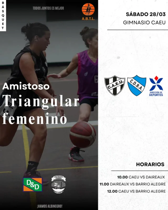 🏀🗓 Sábado de triangular 

Con el equipo de mayores femenino recibiremos a Barrio Alegre de Trenque Lauquen y Municipalidad de Daireaux para disputar un encuentro amistoso en nuestro gimnasio. 

¡Se ponen en marcha las chicas! 💪🖤🤍