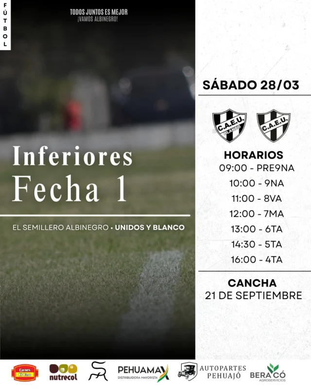 ⚽📅 Se pone en marcha el Semillero

Este sábado inciará la actividad para nuestras inferiores de Estudiantes Unidos y Estudiantes Blanco.

Ambas tiras, con todas las categorías, se cruzarán en la primera fecha del Torneo de Inferiores.

¡Que sea un gran año para todo el Semillero! 🖤🤍

¡Vamos Albinegro! 💪
