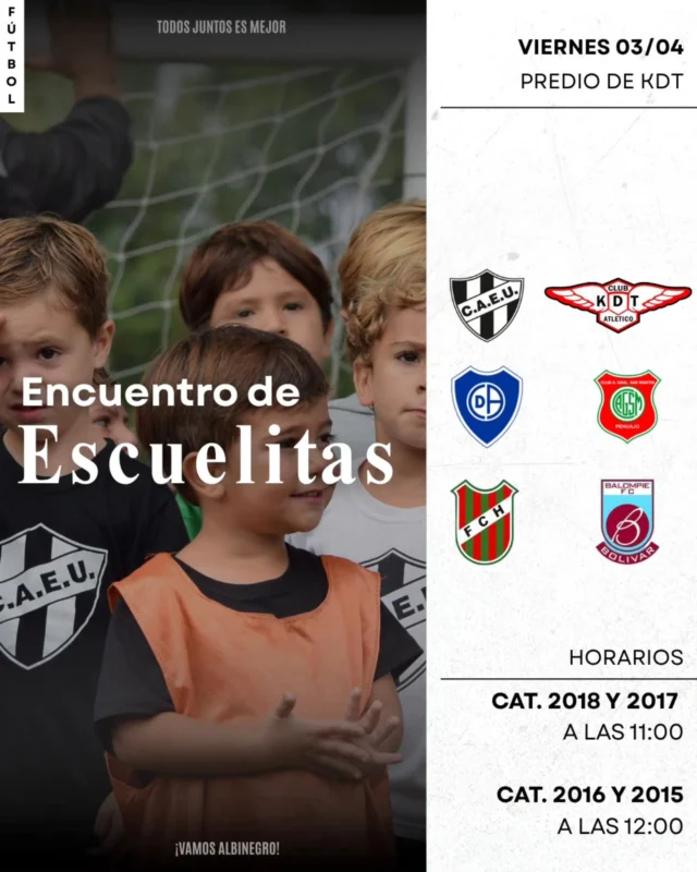 ¡Nuevo encuentro! ⚽️🙌

Este viernes, nuestras Escuela de Fútbol participará de un encuentro con las categorías 2018, 2017, 2016 y 2015 en KDT.

Agradecemos la invitación que sirve para seguir fomentando la formación desde las bases 🤝

🖤🤍
