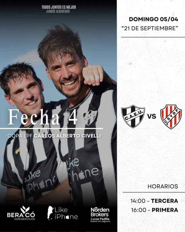 Jugamos en casa 📅⚽

Este domingo, recibiremos a Progreso de Juan José Paso por la cuarta fecha de la Copa LPF en el 21 de Septiembre 📍

¡Vamos Albinegro! 🖤🤍