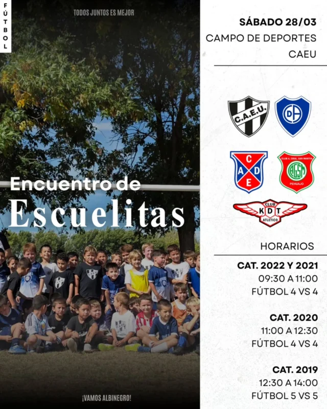 ¡A seguir jugando! 🙌⚽️

Se viene un nuevo encuentro de Escuelas de Fútbol. Recibiremos en nuestro campo de deportes a Deportivo, Defensores, San Martín y KDT.

🎫 Entrada: $2500
🍔 Servicio de cantina

¡Los esperamos para compartir otra jornada en familia entre clubes! 🖤🤍