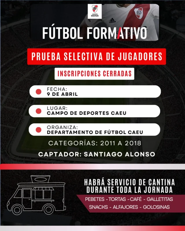¡Todo listo para recibir a River! ⚽

📅Este jueves se llevará a cabo la prueba de selectiva de jugadores en nuestro campo de deportes. 

Las inscripciones ya están cerradas ❗

Durante todo la jornada, quienes se acerquen a acompañar dispondrán de un amplio servicio de cantina 🥤