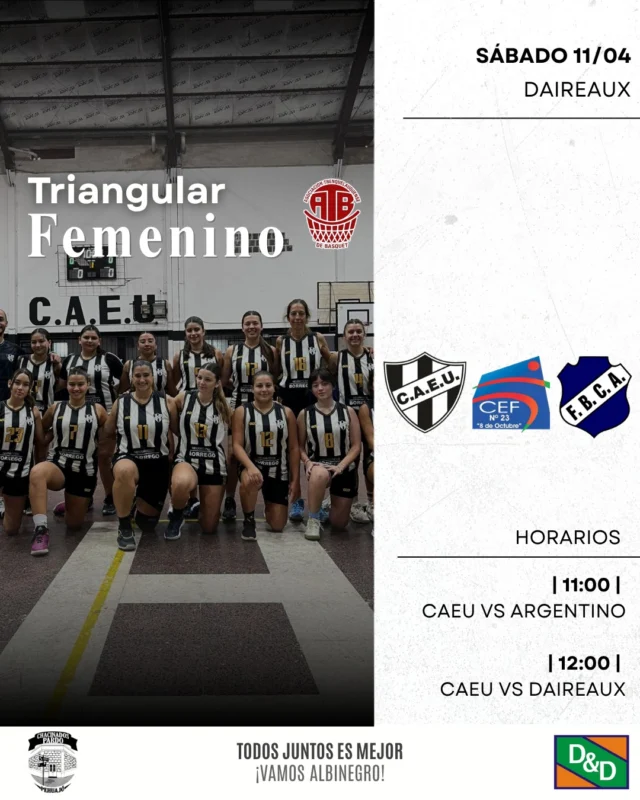 Nos vamos a Daireaux 🏀🔜

El equipo femenino de básquet de primera división participará de un encuentro de ABTL junto al CEF N°23 y Argentino de Trenque Lauquen.

🖤🤍