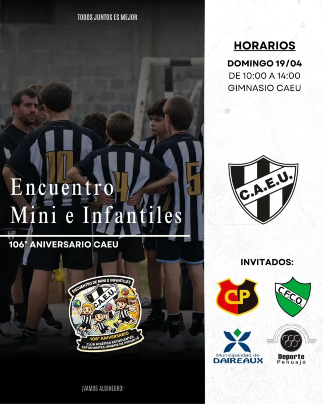 Encuentro de handball 🤾‍♀️🙌

Se realizará el encuentro de Mini e Infantiles "106° Aniversario CAEU" en nuestro gimnasio, donde recibiremos a Ferro y Progreso de Trenque Lauquen, Daireaux y Municipalidad de Pehuajó. 

🖤🤍