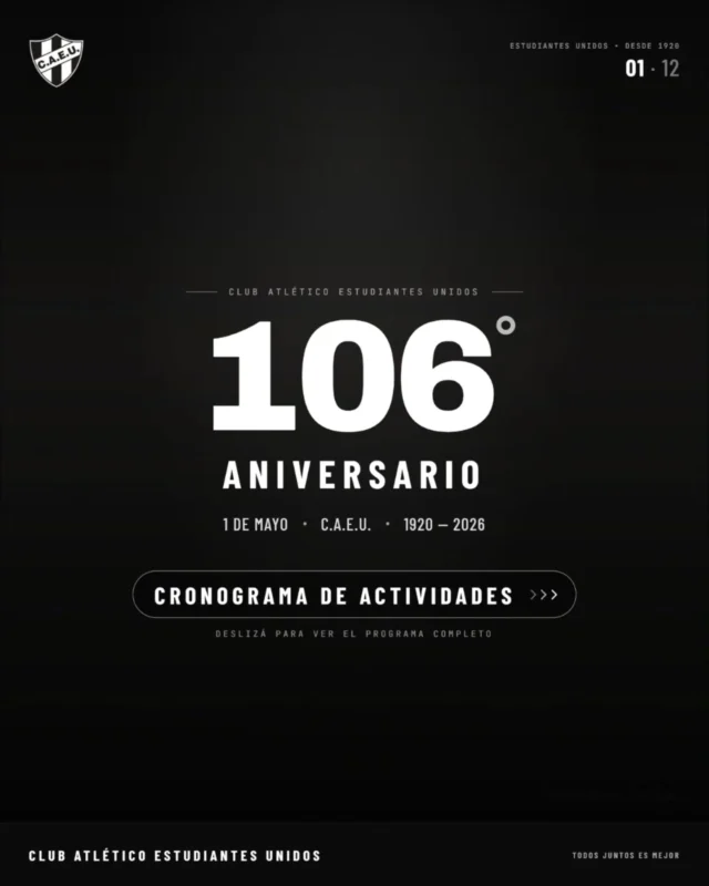 Nos preparamos para un día especial 🖤🤍

Este viernes será nuestro 106° Aniversario y lo celebramos en el club compartiendo junto a toda la Familia Albinegra. 

Queremos invitarlos a que sean parte, a que se acerquen a disfrutar de las diferentes propuestas que presentamos. 

Les dejamos el programa completo de actividades: habrá reconocimientos y homenajes, muestreos deportivos y culturales y  shows musicales. Todo esto acompañado de un gran servicio de cantina.

Sigamos encontrándonos en el lugar más lindo de todos: nuestro club 😍