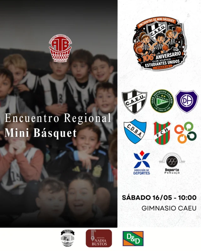 ¡Un gran encuentro nos espera! 🏀😀

Vamos a recibir a ocho delegaciones de Pehuajó y la región: Deportivo Argentino, Deportivo de Carlos Casares, Cef 18 de Trenque Lauquen, Barrio Alegre de Trenque Lauquen, Escuela Municipal de Trenque Lauquen, Escuela Municipal de Daireaux, Fútbol Club de Henderson y Escuela Municipal de Pehuajó.

Será en el marco de las actividades por nuestro 106º Aniversario.

Esperamos a toda la Familia Albinegra y la comunidad pehuajense este sábado a partir de las 10:00. Habrá servicio de cantina.

🖤🤍