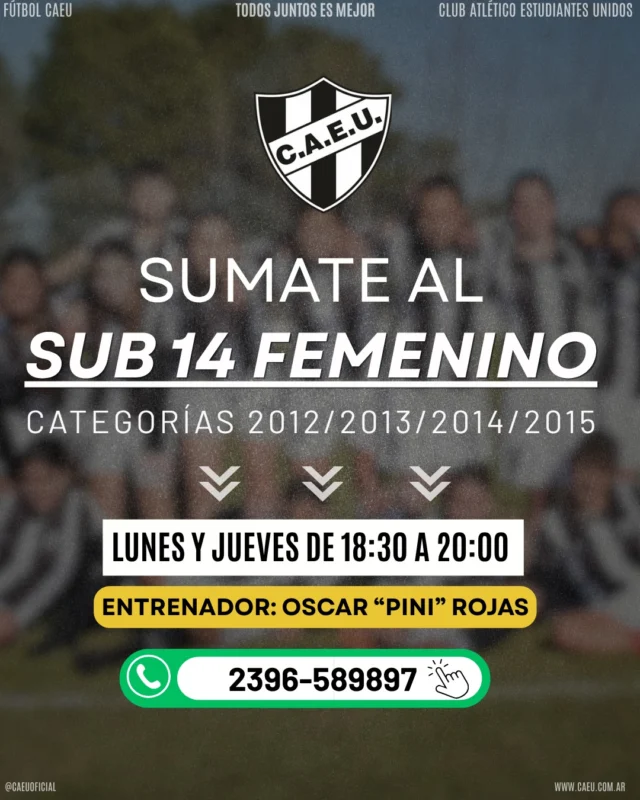 ¡EMPEZÁ A ENTRENAR HOY! ⚽💪

Estos son los horarios del Fútbol Femenino Sub 14 de nuestro club: lunes y jueves de 18:30 a 20:00 en el campo de deportes.

Compartí esta invitación a quien le puda interesar.

Para más información: 2396-589897