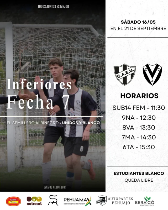 Sábado de fútbol para el Semillero ⚽💪

La fecha que se había suspendido por condiciones climáticas el fin de semana pasado, se jugará este sábado en el 21 de Septiembre. 

🖤🤍