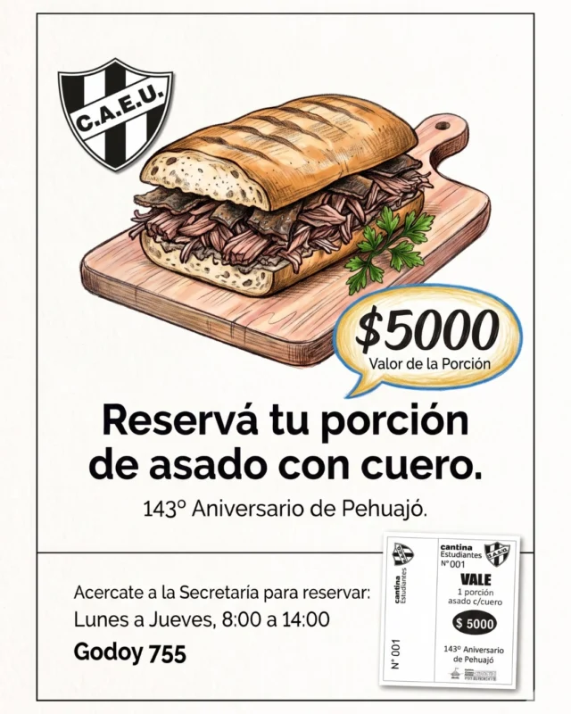 ASEGURÁ TU PORCIÓN PARA ESTE VIERNES 🙋

Este viernes se celebrará el 143º Aniversario de Pehuajó, donde la Municipalidad pondrá asado con cuero a disposición de las cantinas de los clubes.

Ya podés asegurar tu porción, acercandote a la Secretaría de nuestro club en Godoy 755 de 8:00 a 14:00.