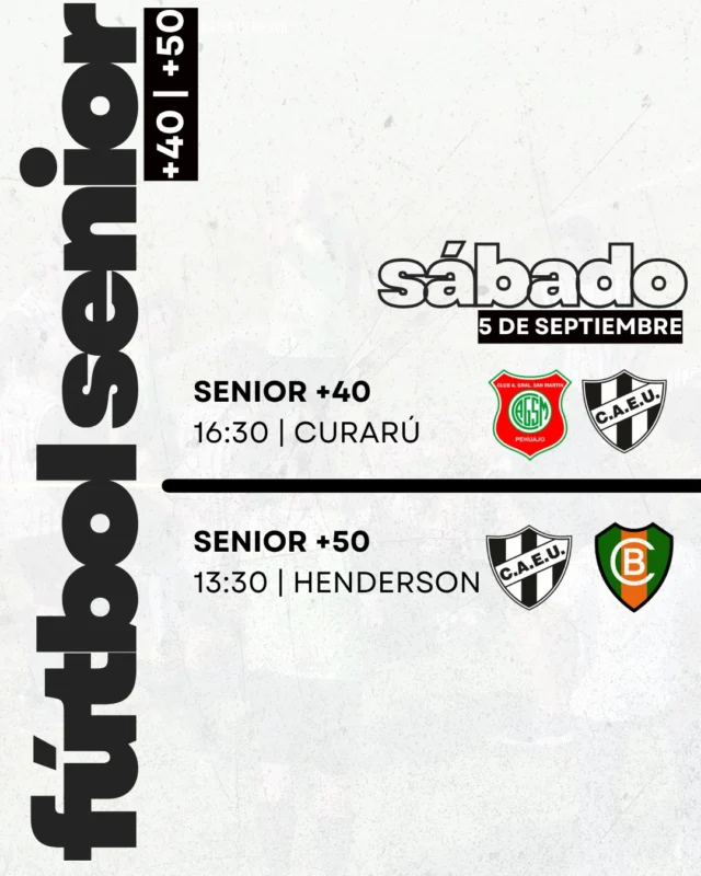 📅⚽ Nueva fecha para el Fútbol Senior

Juegan el +40 y el +50 este sábado.

🖤🤍