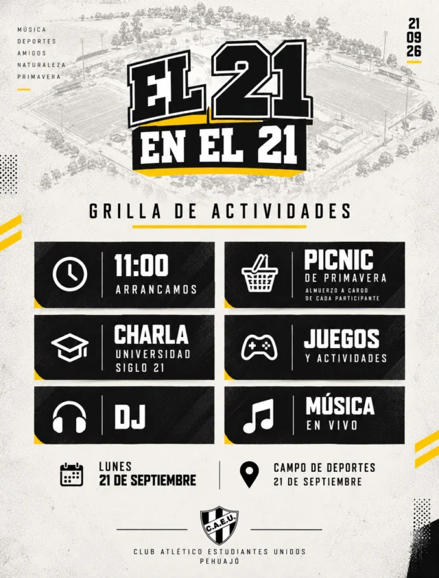 ¡Se viene El 21 en el 21! 🧉

Una actividad pensada para nuestros deportistas en el marco del Día del Estudiante y el inicio de la primavera 🌻 ☀️

Nos encontramos el lunes 21 en el 21🖤🤍