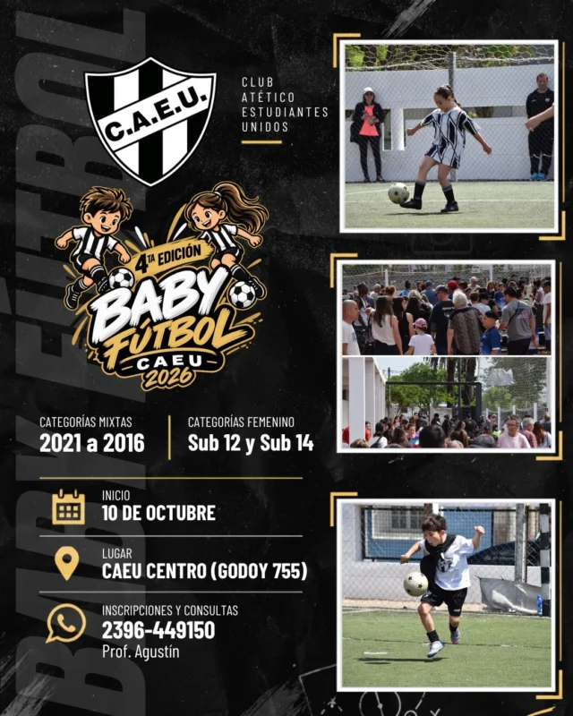 SE VIENE LA 4ª EDICIÓN DEL BABY FÚTBOL 📅⚽

Ya están abiertas las inscripciones para una nueva edición de nuestro tradicional encuentro de Baby Fútbol.

👦🏻 Categorías mixtas: 2021 a 2016
👩🏻 Femenino: Sub 12 y Sub 14
📅 Inicio: 10 de octubre
📍 Lugar: Godoy 755, Pehuajó
📲 Inscripciones y consultas: 2396-449150 | Prof. Agustín

Una nueva edición para volver a encontrarnos en la cancha, disfrutar del fútbol de los más chicos y acompañar en familia.

¡Los esperamos! 🖤🤍