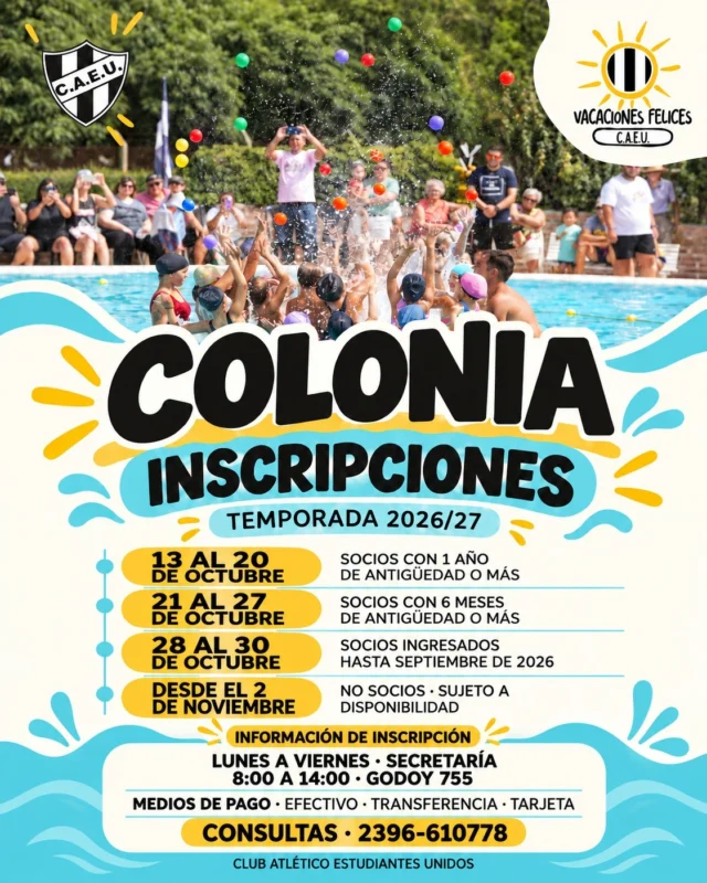☀️ ¡SE VIENE UNA NUEVA TEMPORADA DE COLONIA!

La semana que viene abrimos las inscripciones para nuestra Colonia de Vacaciones 2026/27.

Nos preparamos para recibirlos una vez más y compartir un nuevo verano en nuestro club, lleno de juegos, encuentros, pileta y mucha diversión.

Encontrá el cronograma y toda la información para inscribirte.

📲 Dudas y consultas: 2396-610778