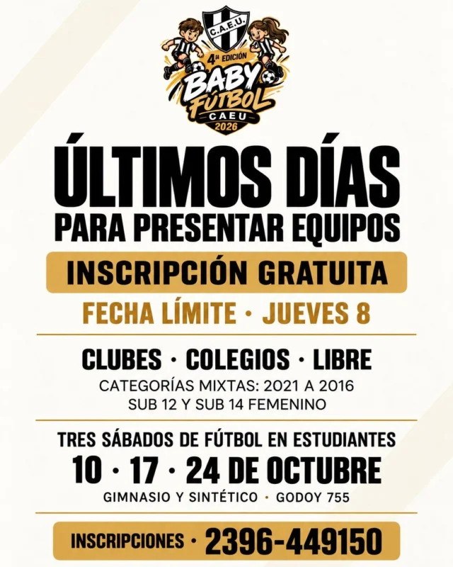 CIERRA LA INSCRIPCIÓN ‼️✍

Se vienen tres sábados consecutivos de fútbol y encuentro: la 4ta edición del Baby Fútbol se pondrá en marcha.

Hasta este jueves hay tiempo para anotar a los equipos 📲 2396-449150