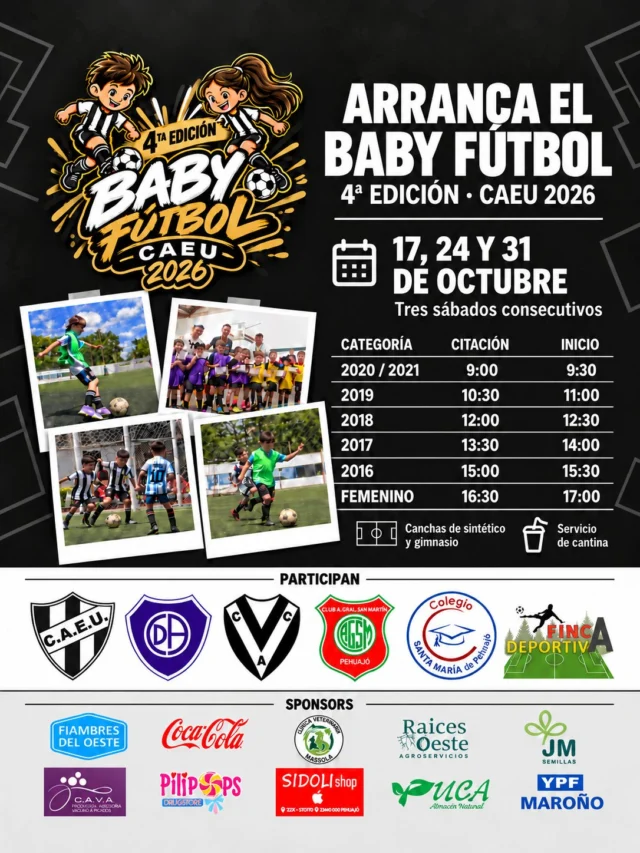 ¡AHORA SÍ, ARRANCA EL BABY FÚTBOL! 💪⚽

Tras la postergación por cuestiones climáticas, este sábado 17 de octubre comienza la 4.ª edición del Baby Fútbol.

📅 Tres sábados consecutivos: 17, 24 y 31 de octubre.
📍 Gimnasio y canchas de sintético – Godoy 755.

🍔 Habrá servicio de cantina.

¡Los esperamos para compartir tres sábados a puro fútbol en el club!