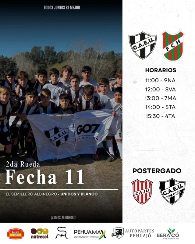 Nueva cita para el Semillero ⚽️📆

Este sábado habrá actividad únicamente para Estudiantes Unidos, que recibirá a Fútbol Club en el 21 de Septiembre. 

Mientras que el encuentro entre Juventud y Estudiantes Blanco queda postergado.

🖤🤍