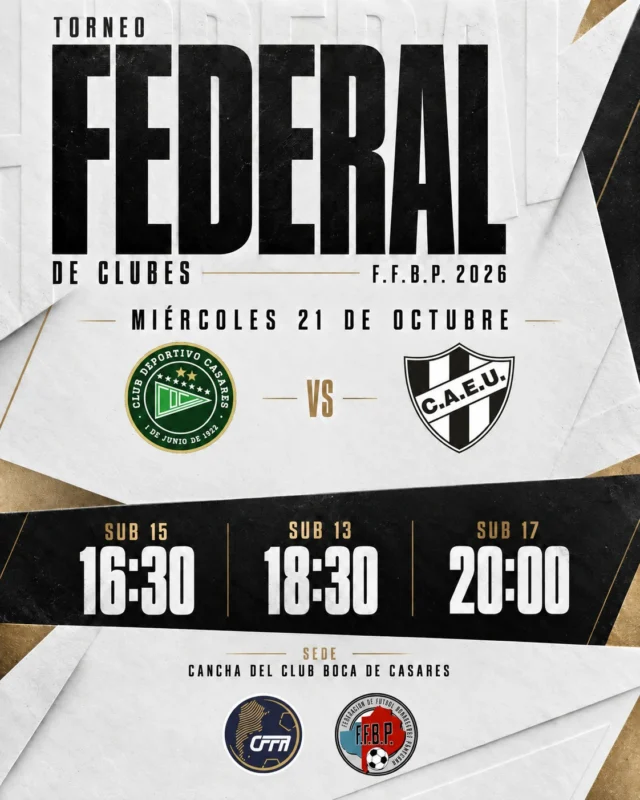COMIENZA EL FEDERAL DE CLUBES 💪⚽

Luego de los encuentros postergados, nos empezamos a poner al día. Este miércoles 21 de octubre, nuestras categorías Sub 15, Sub 13 y Sub 17 visitan a Deportivo Casares para disputar los partidos pendientes de la segunda fecha del torneo de la F.F.B.P.

¡Vamos Albinegro! 🖤🤍